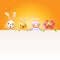 Easter characters bunny chicken sheep and flower on top of billboard - isolated on yellow background