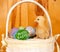 Easter chick in basket with rustic background