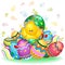 Easter Chick Cute Character on his Egg with Decorated Easter Eggs Vector illustration