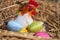 Easter chick decoration in a nest and colorful easter eggs