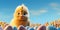 Easter Chick with eggs and place for text over blue background