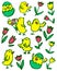 Easter chick set. Floral collection with spring chicken and tulips. Vector illustration