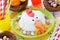 Easter chicken fondant cake on festive decorated table