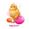 Easter chicken with holiday eggs on white. Traditional little hen symbol of christianity. Happy Easter digital