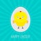 Easter chicken inside egg. Sunburst . Card.