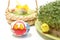 Easter chicken and painted egg with green watercress