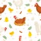 Easter chicken seamless pattern. Funny laying hens with baby chicks and eggs, birds on nests, egg shell, and feathers