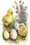 Easter chickens and colored painted eggs with wild spring flowers on a white background, watercolor, Generative AI