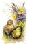 Easter chickens with wild spring flowers on a white background, watercolor, Generative AI