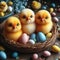 Easter chicks sit in basket awaiting the joys of the festivity