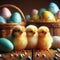 Easter chicks sit outside basket awaiting the joys of the festivity