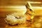 Easter chocolate rabbit and eggs on gold background