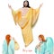 Easter Christian greeting card with Jesus Christ and praying angels. He is risen!