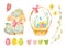 Easter clipart set with cute sheep. Baby lamb, wicker basket with Easter eggs, pussy willow