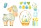 Easter clipart set with cute sheep. Baby lamb, wicker basket with Easter eggs, spring flowers