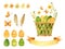 Easter clipart set - wicker basket with Easter eggs, ribbon for text and spring flowers.