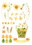 Easter clipart set - wicker basket with Easter eggs, ribbon for text and spring flowers. I