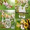 Easter collage with spring blooming trees and hanging decorations