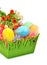 Easter colored cloth eggs, roses in the flowerbed isolated on th