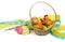 Easter colored eggs in a basket and Easter decorative chicken.