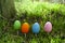 Easter colored eggs in different colors stand on white small stands on the grass