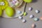 Easter colored eggs, small and many on a natural background