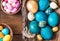 Easter colored eggs and sweets on rustic wooden background.