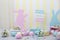 Easter! Colorful Easter room interior. Many colorful Easter eggs with bunnies and baskets of flowers! Children`s playroom. Spring