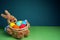 Easter colorful eggs in a straw bunny basket. Happy Easter