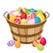 Easter colorful eggs in wooden basket. Vector illu