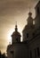 Easter is coming! Domes and crosses of Kazan Cathedral Diveevo, Russia against the backdrop of the rising sun