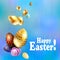 Easter composition of a blue hue with golden eggs with a wonderful pattern drawn like a garland