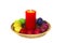 Easter composition with a candle and the painted eggs. Red prevails. Bright, juicy and festive. Grand celebration of Christianity