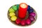 Easter composition with a candle and the painted eggs. Red prevails. Bright, juicy and festive. Grand celebration of Christianity