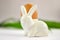 Easter composition ceramic porcelain rabbit bunny salt shaker, egg at eggstand, white background