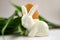 Easter composition ceramic porcelain rabbit bunny salt shaker, egg at eggstand, white background