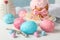 Easter composition with Easter cake and eggs on wooden table, closeup