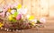 Easter composition with Easter eggs in nest, spring flowers and branches of willows