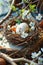 Easter composition with Easter eggs in nest on wooden board and blossom twigs around