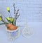 Easter composition: eggs, pussy-willow branches, yellow flowers, a toy bike carrying a white bike on a white background, place for