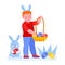 Easter composition . For greeting card, poster, banner. Little boy with a basket of eggs, rabbit. Vector illustration in