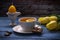 Easter composition. Lemon tea, chocolate, yellow tulips, candle in egg form on vintage wooden background