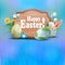 Easter composition in a light blue hue with a curly brown frame, eggs and rabbit ears, spring flowers with a willow twig