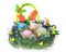 Easter composition with painted eggs, funny chicken and bunny