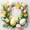 Easter composition with pastel eggs and flowers, space for text