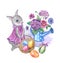 Easter composition with rabbit, spring flowers and eggs. Watercolor illustration.