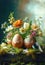 Easter composition with small bouquets spring flowers and feathers in Easter eggs on moss. Easter handmade decoration for home