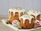 Easter composition of sweet bread, paska and eggs on wooden background. Orthodox kulich. Holidays breakfast concept with space for