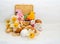 Easter cookie in a basket of flower Narcissus and chicken egg