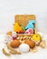 Easter cookie chicken, bunny, little ram in a basket and chicken